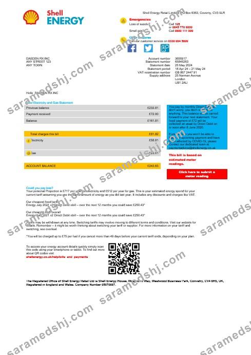 United Kingdom Shell Energy business utility bill template Word and PDF template